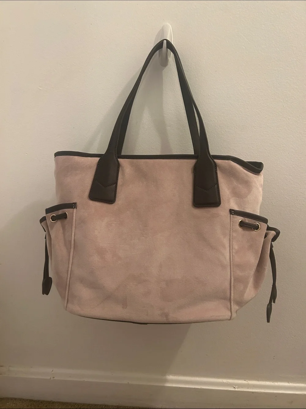 Juicy Couture Blush Pink Canvas Tote with Dark Brown Trim and Gold Crown Charm